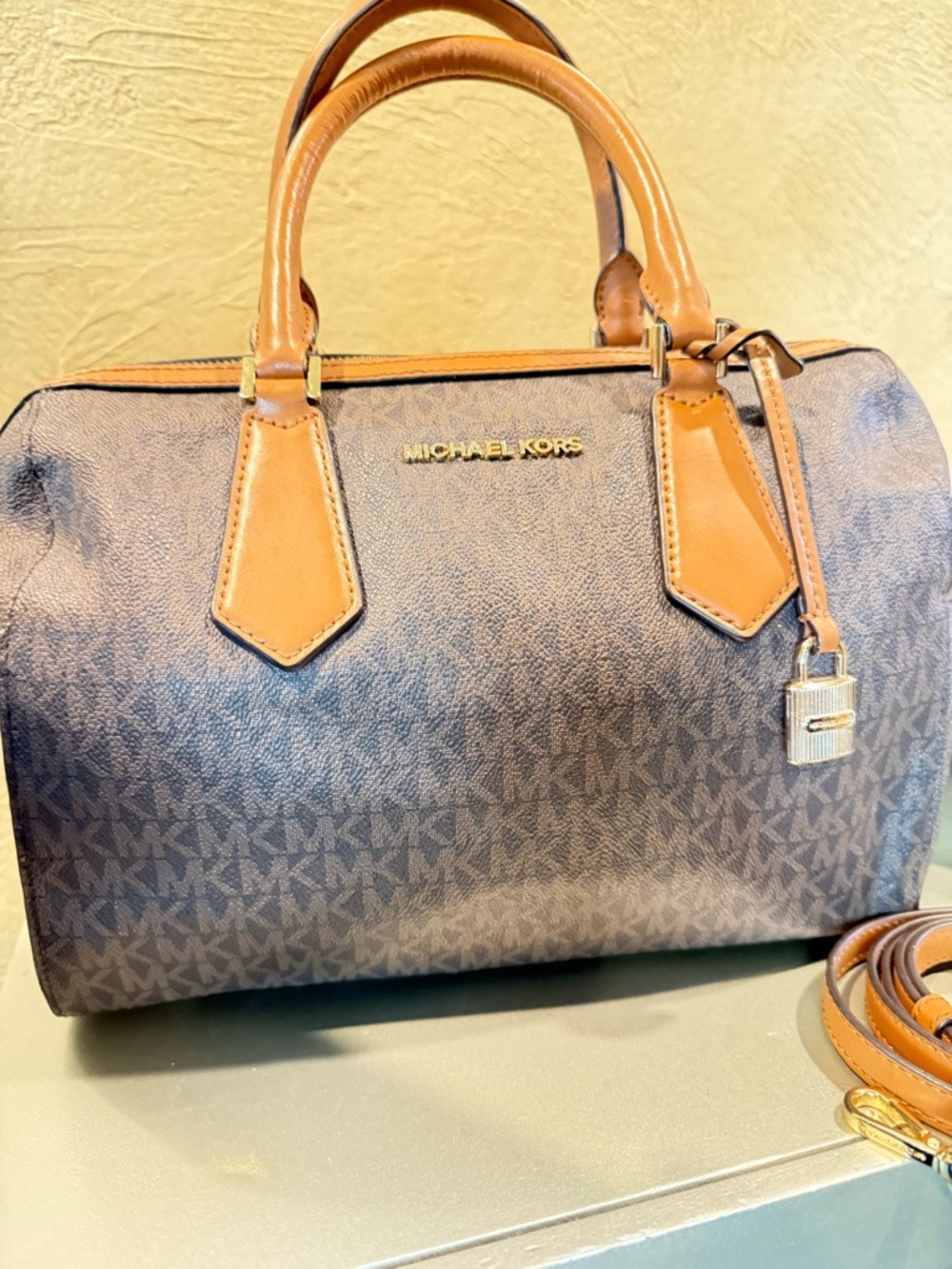 Michael Kors Brown Signature Monogram Satchel with Tan Trim